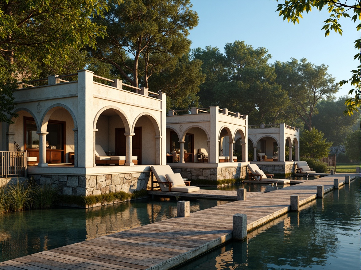 Prompt: Weathered wooden dock, rustic boathouse, Romanesque arches, distressed finishes, earthy color palette, moss-green accents, sky blue reflections, warm beige exteriors, creamy white trim, natural stone foundations, lush greenery surroundings, serene lake views, soft golden lighting, shallow depth of field, 1/1 composition, realistic textures, ambient occlusion.