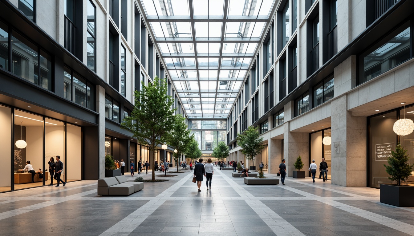 Prompt: Minimalist shopping center, sleek glass facades, steel beams, open atriums, natural light pouring in, polished concrete floors, geometric patterns, bold typography, modernist furniture, sparse greenery, industrial chic decor, exposed ductwork, functional lighting, airy circulation paths, brutalist architecture, monochromatic color scheme, abundant natural ventilation, seamless transitions, 1/1 composition, softbox lighting, high contrast ratios, cinematic atmosphere.