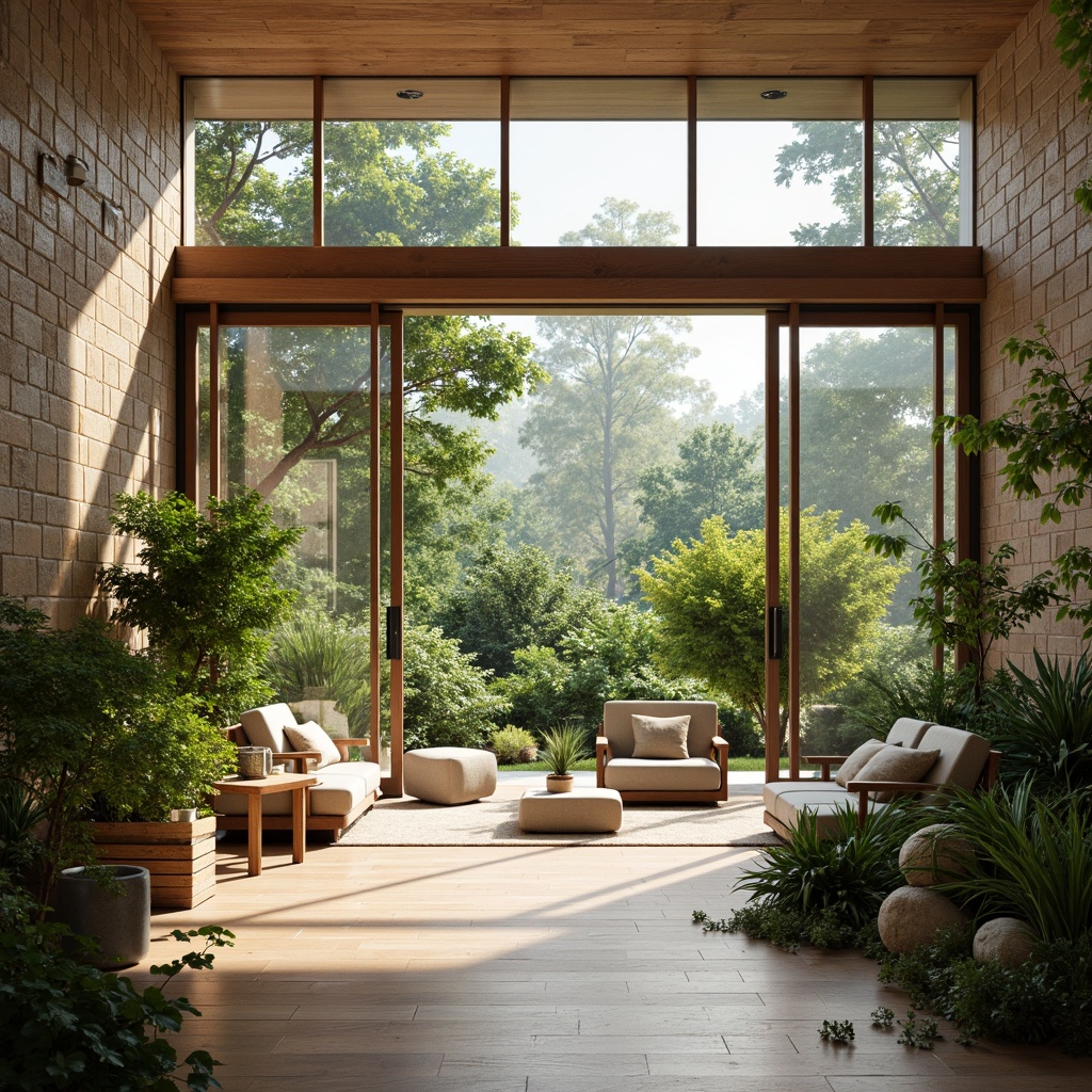 Prompt: Cozy living room, large windows, sliding glass doors, natural stone walls, wooden floors, minimalist decor, abundant greenery, lush plants, bright sunny day, warm soft lighting, shallow depth of field, 3/4 composition, panoramic view, realistic textures, ambient occlusion, clerestory windows, skylights, solar tubes, reflective surfaces, light-colored interiors, mirrors, LED lighting, subtle color palette, calm atmosphere.