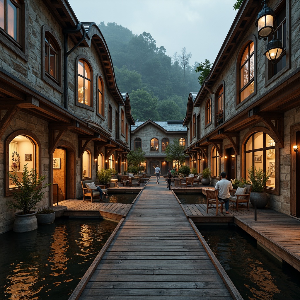 Prompt: Weathered wooden dock, rustic stone walls, curved archways, stained glass windows, ornate metal railings, decorative trusses, distressed wood accents, nautical-themed ornaments, waterfront location, serene lake views, overhanging eaves, steeply pitched roofs, asymmetrical facades, rich earthy tones, warm golden lighting, soft misty atmosphere, high contrast textures, realistic water reflections, 1/2 composition, cinematic camera angles.