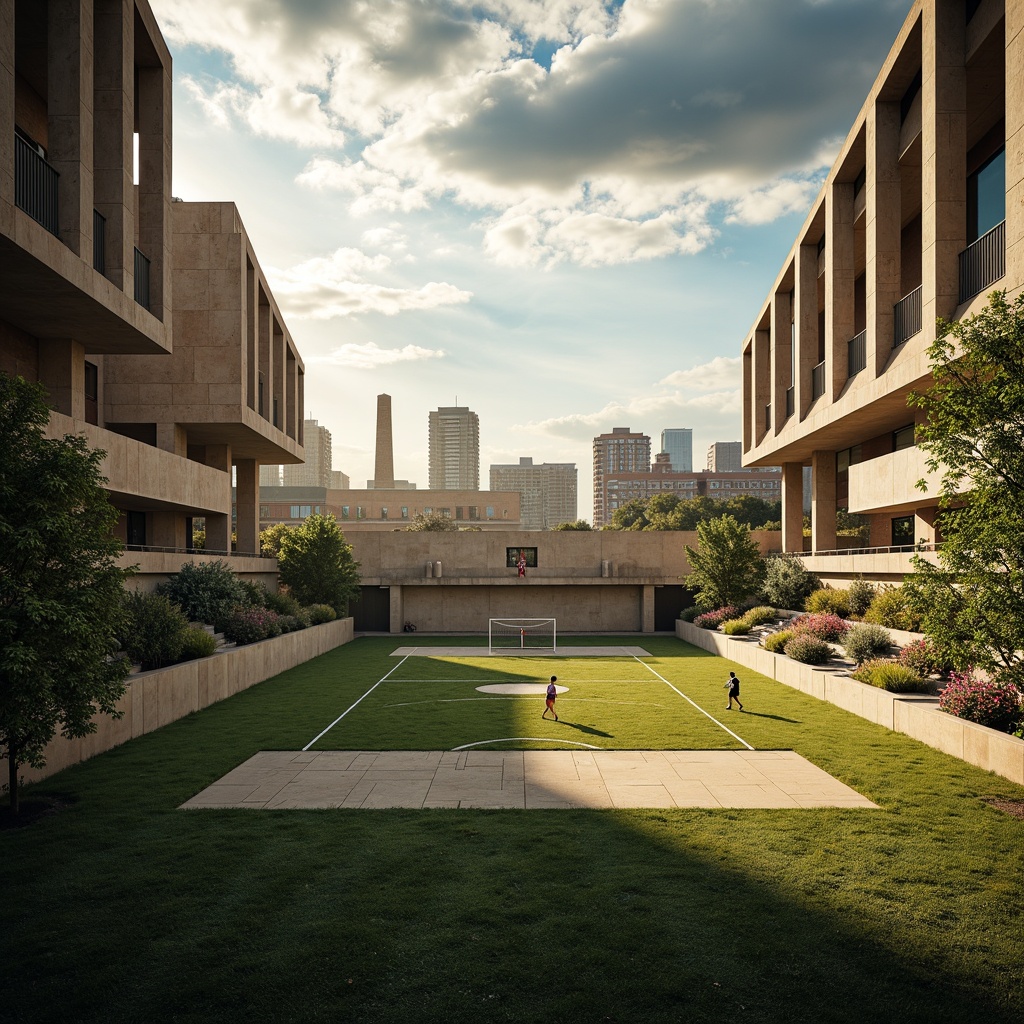 Prompt: Rugged sports field, brutalist architecture, raw concrete structures, industrial steel beams, reclaimed wood accents, natural stone walls, dynamic angular lines, bold geometric shapes, vibrant green turf, athletic track markings, soccer goals, tennis nets, basketball hoops, stadium seating, urban skyline views, dramatic cloud formations, warm golden lighting, high-contrast shadows, 1/1 composition, symmetrical framing, realistic textures, ambient occlusion.