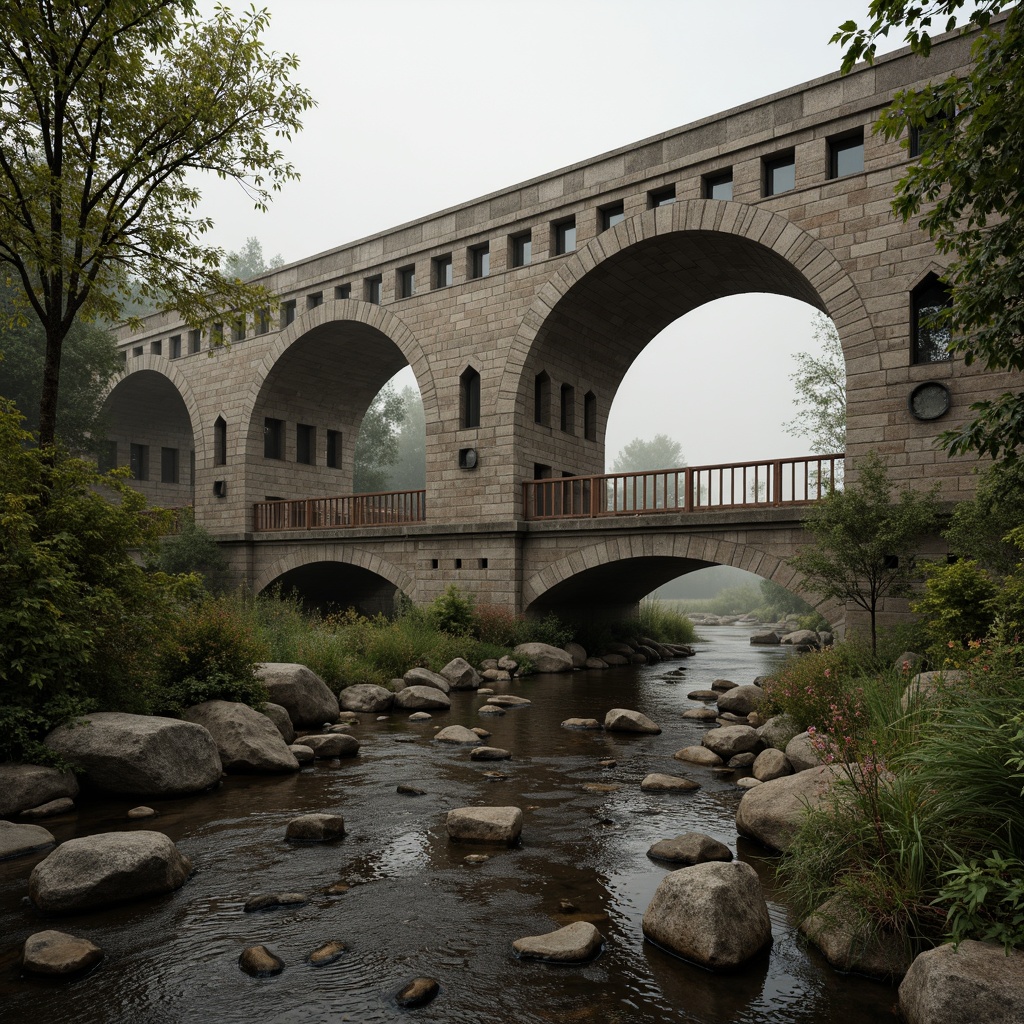 Prompt: Rustic stone bridges, medieval architecture, robust arches, semi-circular vaults, thick pillars, ornate carvings, intricate stonework, weathered stones, moss-covered surfaces, gentle river flows, serene natural surroundings, lush greenery, misty morning atmosphere, soft warm lighting, shallow depth of field, 3/4 composition, realistic textures, ambient occlusion.