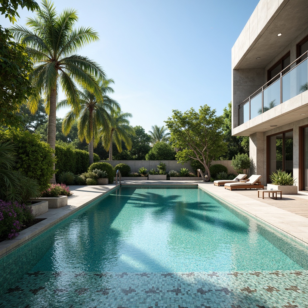 Prompt: Luxurious swimming pool, sleek modern architecture, crystal-clear turquoise water, mosaic tile finishes, glass bead accents, stainless steel handrails, polished concrete decking, natural stone coping, vibrant greenery, tropical plants, palm trees, warm sunny day, soft diffused lighting, shallow depth of field, 3/4 composition, realistic textures, ambient occlusion.