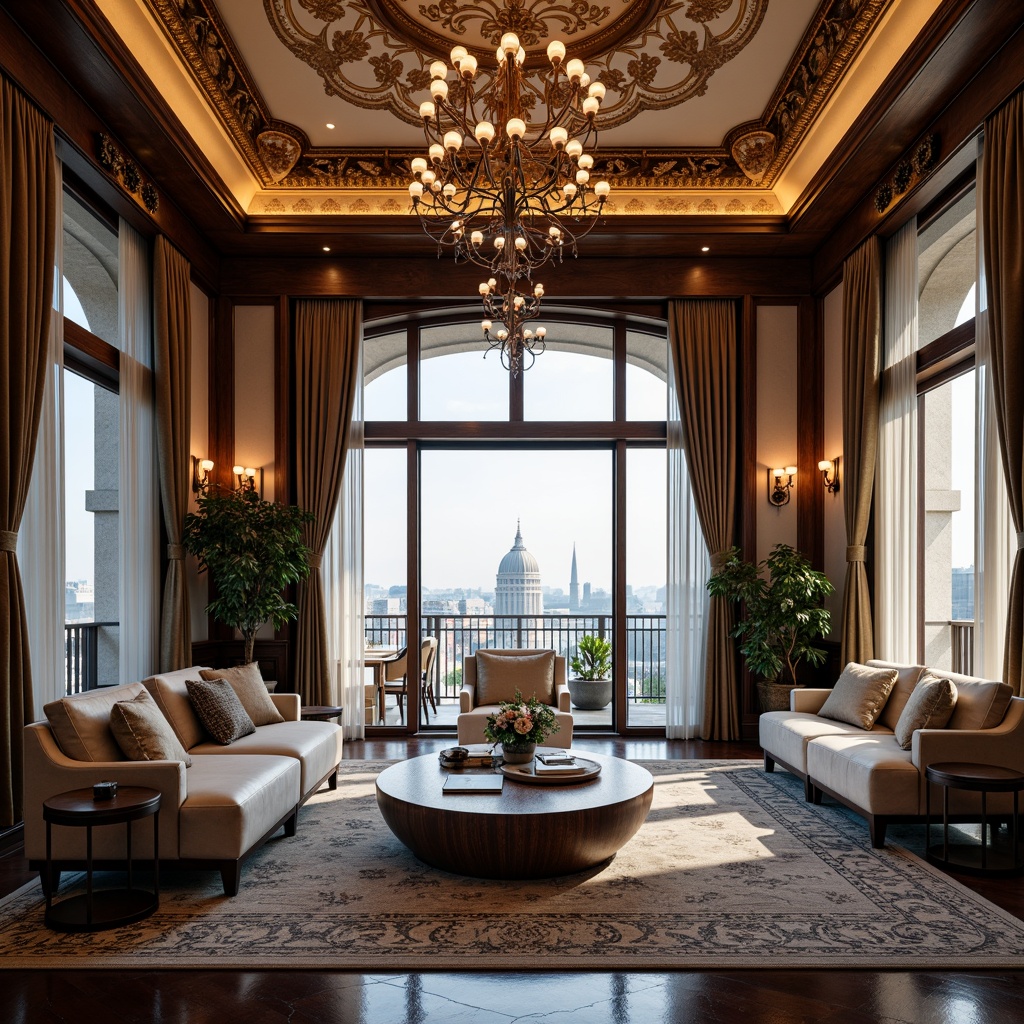 Prompt: Luxurious penthouse, symmetrical architecture, ornate Renaissance details, grandiose chandeliers, opulent furnishings, lavish textiles, rich wood paneling, intricate stonework, majestic cityscape views, panoramic windows, reflective glass surfaces, ornamental metalwork, harmonious color palette, soft warm lighting, 1/1 composition, central axis symmetry, radial balance, elegant typography, refined patterns, luxurious materials, sophisticated ambiance.