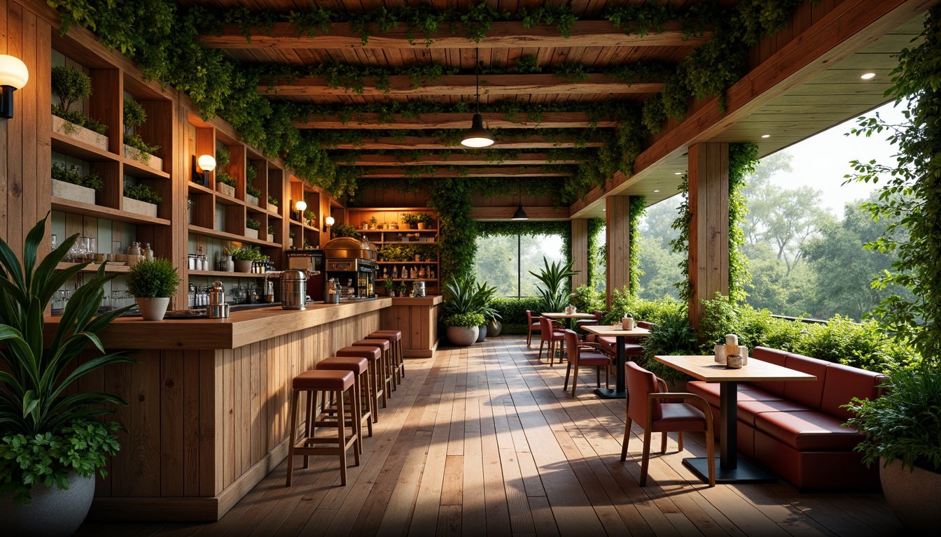 Prompt: Eco-friendly pub, reclaimed wood accents, living green walls, bamboo flooring, recycled metal roofing, energy-efficient LED lighting, solar panels, rainwater harvesting systems, natural stone countertops, low-VOC paint, organic fabric upholstery, lush potted plants, warm earthy tones, cozy atmosphere, soft warm lighting, shallow depth of field, 1/2 composition, rustic textures, ambient occlusion.