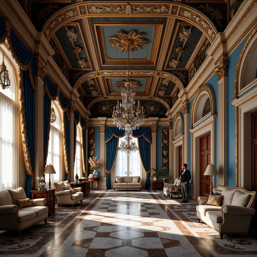 Prompt: Majestic buildings, Prussian blue accents, golden ornaments, intricate stone carvings, grand archways, ornate columns, luxurious interiors, velvet drapes, crystal chandeliers, marble floors, rich wood paneling, stately furniture, regal atmosphere, soft warm lighting, shallow depth of field, 1/1 composition, realistic textures, ambient occlusion.