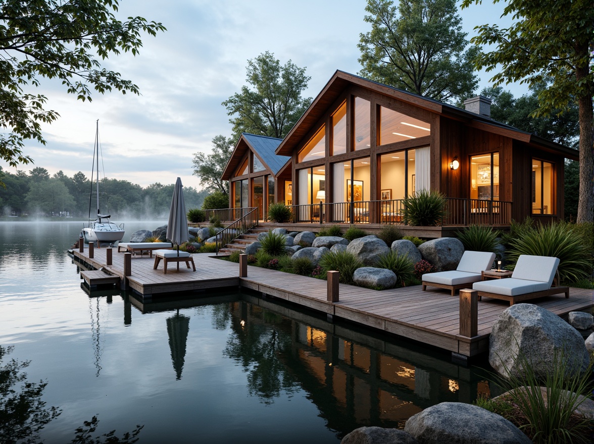 Prompt: Waterfront location, serene lake views, wooden dock, sailboats, rustic boathouse design, natural stone foundation, cedar wood siding, nautical themed decorations, glass windows, sliding doors, cozy interior lighting, warm earthy tones, comfortable lounge seating, scenic outdoor spaces, lush greenery, mature trees, tranquil atmosphere, soft misty morning light, shallow depth of field, 3/4 composition, panoramic view, realistic textures, ambient occlusion.