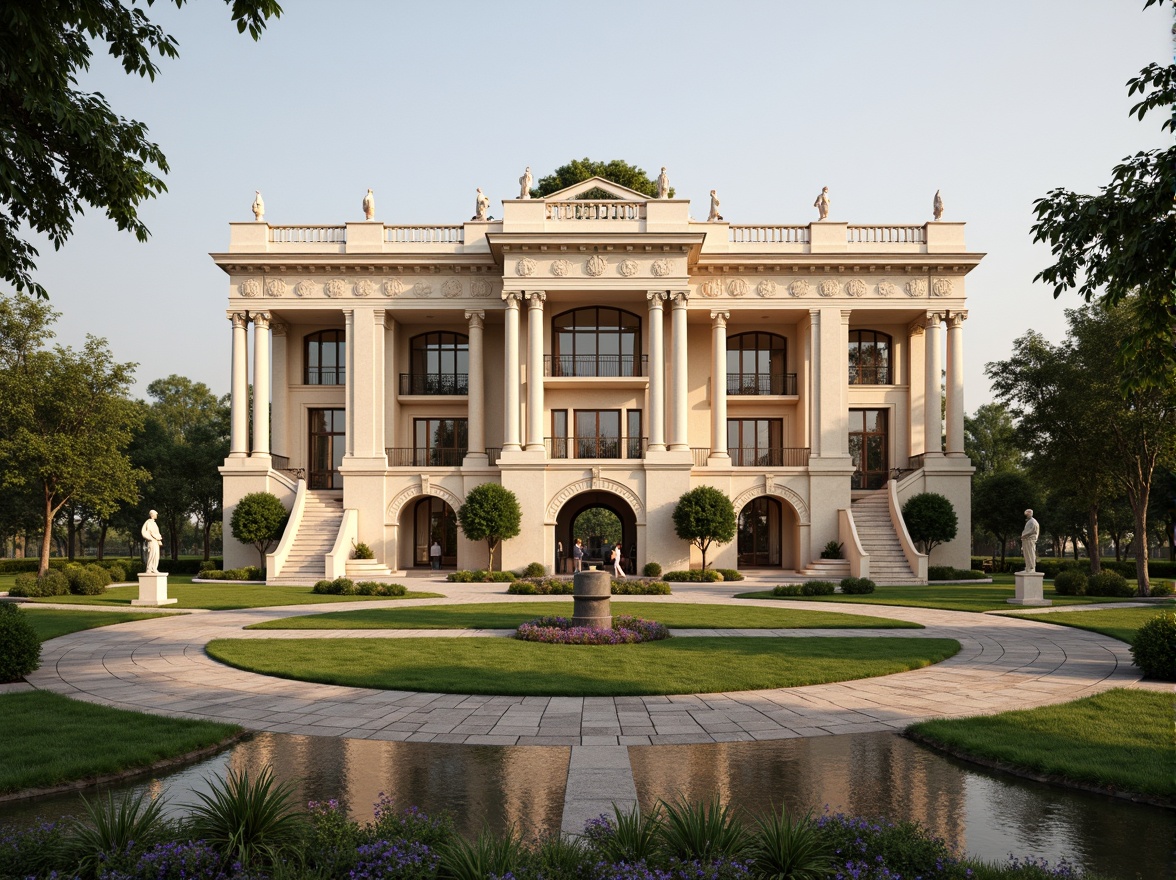 Prompt: Grandiose neoclassical building, symmetrical facade, ornate columns, sculpted architraves, rusticated base, manicured lawn, vibrant flowerbeds, meandering pathways, tranquil water features, classical statues, natural stone paving, grand staircases, imposing entranceways, dramatic lighting, warm beige tones, subtle texture variations, 1/2 composition, atmospheric perspective, realistic reflections.