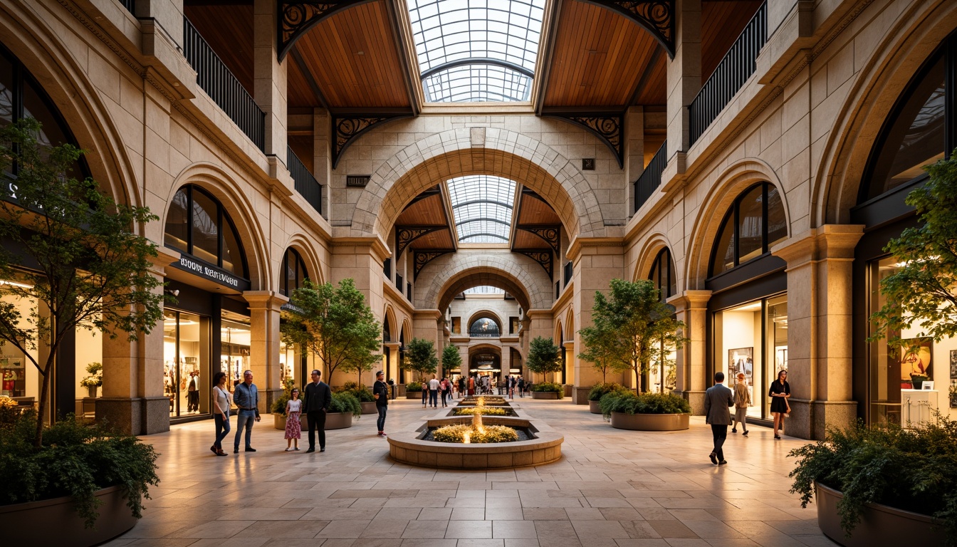 Prompt: Grandiose shopping center, high vaulted ceilings, ornate archways, ribbed stone columns, stained glass windows, intricate carvings, medieval-inspired architecture, warm golden lighting, soft ambient sounds, busy pedestrian traffic, upscale retail stores, elegant fountains, lush greenery, refined wooden accents, polished marble floors, symmetrical composition, 1/1 aspect ratio, realistic textures, subtle depth of field.