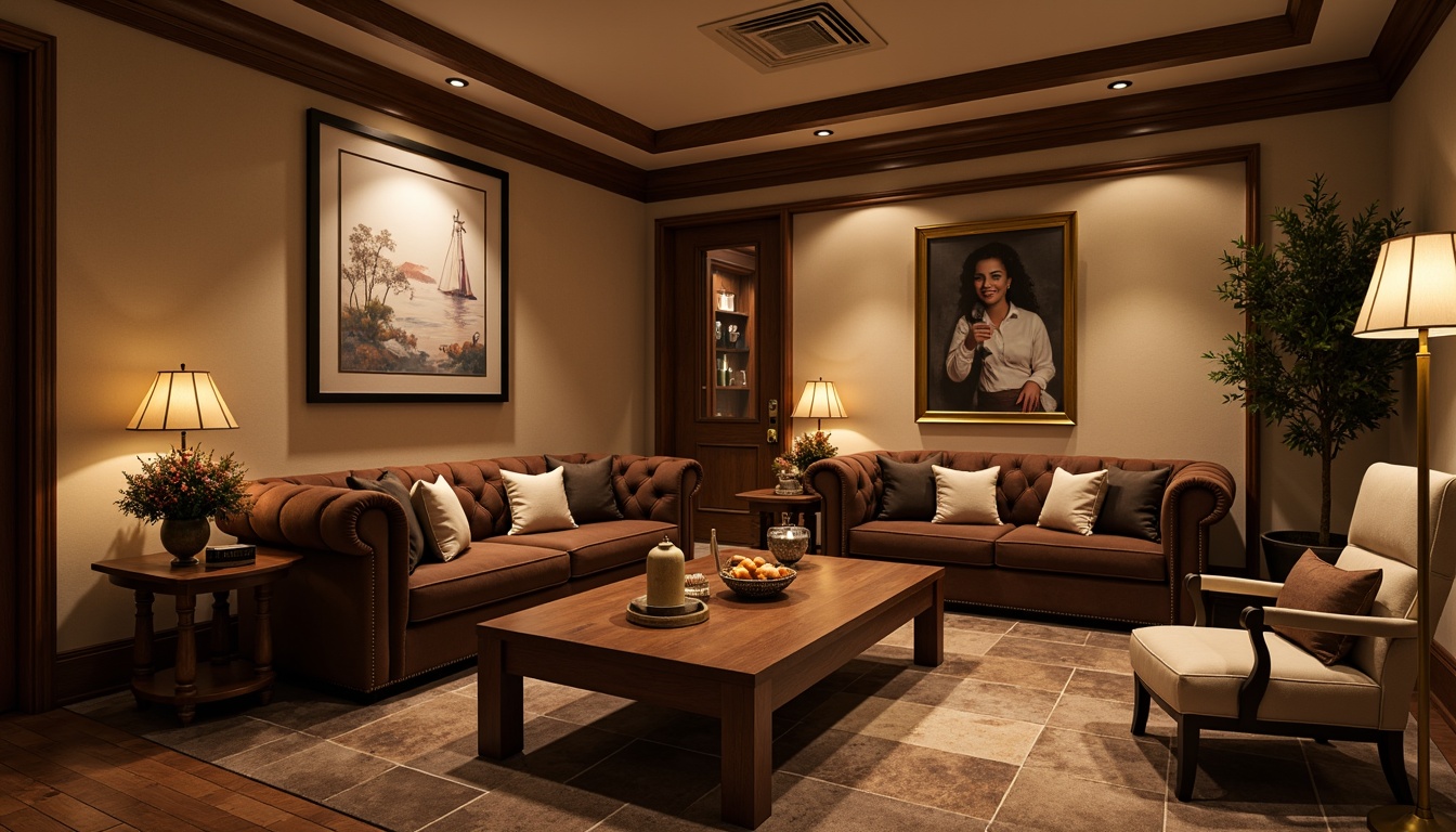 Prompt: Rich chocolate tones, warm beige walls, soft creamy accents, decadent brown furniture, luxurious velvet textures, golden lighting fixtures, intimate cozy atmosphere, rustic wooden elements, natural stone flooring, earthy scent, warm inviting ambiance, shallow depth of field, 1/1 composition, realistic rendering, ambient occlusion.