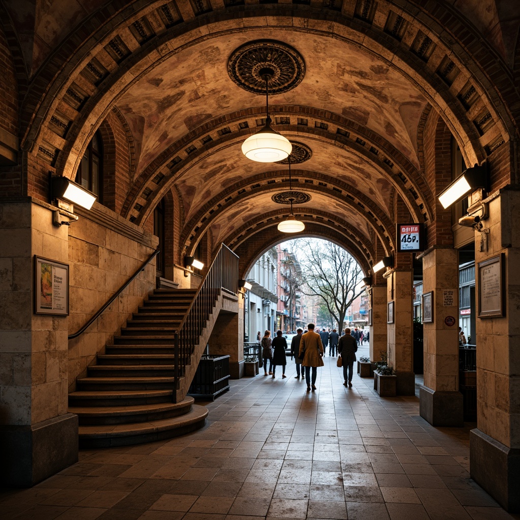 Prompt: Rustic metro station, arched vaults, brick masonry, stone carvings, ornate columns, ribbed ceilings, grand staircases, intricate frescoes, warm earthy tones, soft diffused lighting, shallow depth of field, 2/3 composition, symmetrical framing, rich textures, ambient occlusion, underground tunnels, vintage signage, industrial elements, urban landscape, busy streets, daytime atmosphere.