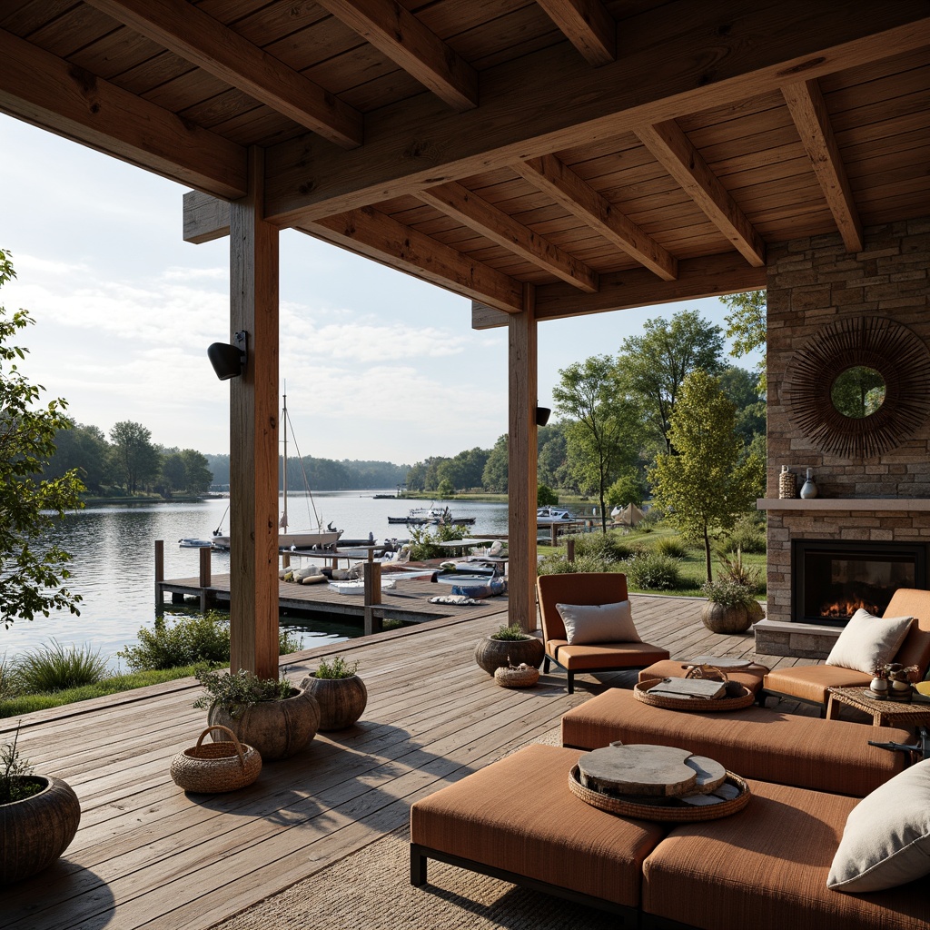 Prompt: Waterfront location, tranquil lake views, rustic wooden docks, sailboats and yachts, nautical-themed decorations, cozy interior spaces, stone fireplaces, wooden accents, large windows, natural light, scenic outdoor decks, lush greenery, serene atmosphere, warm color palette, earthy textures, 3/4 composition, shallow depth of field, realistic reflections, ambient occlusion.