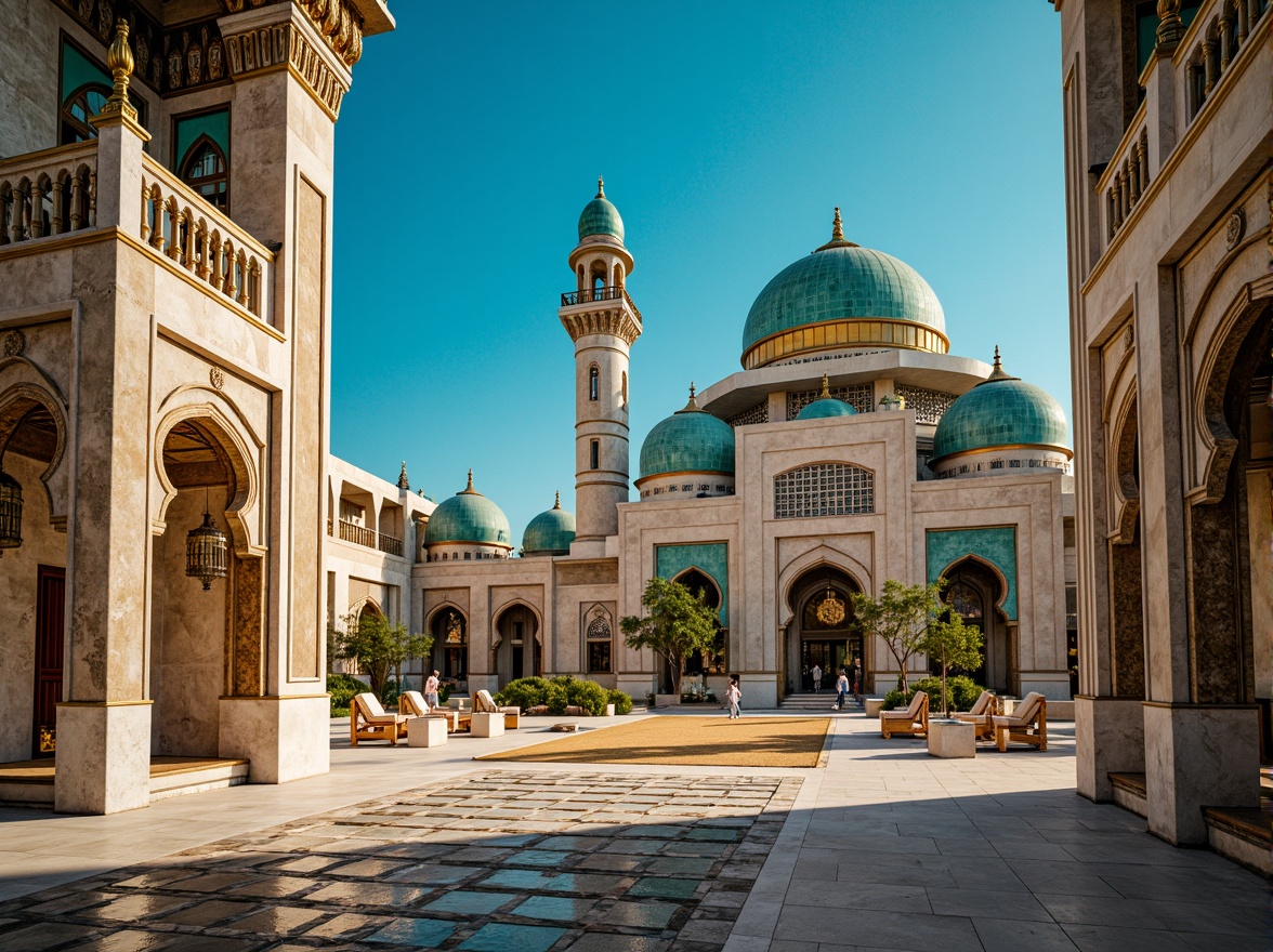 Prompt: Majestic Prussian blue domes, intricately patterned Islamic architecture, vibrant turquoise accents, golden ornate details, majestic archways, grandiose columns, luxurious marble floors, opulent chandeliers, lavish furnishings, mystical Middle Eastern ambiance, warm sandy dunes, clear blue sky, dramatic shadows, 1/1 composition, low-key lighting, cinematic atmosphere, realistic textures, ambient occlusion.