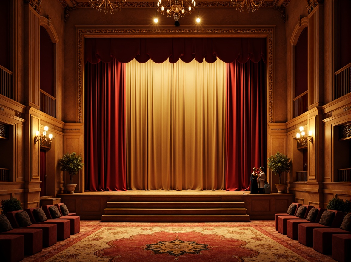 Prompt: Theatrical stage, rich velvety curtains, warm golden lighting, ornate wooden paneling, bold red accents, dramatic spotlights, elegant chandeliers, luxurious velvet seats, intricate patterned carpets, classical Greek columns, refined neoclassical architecture, subtle earthy tones, muted pastel hues, contrasting dark shadows, high-contrast color scheme, 2.5D composition, cinematic camera angles, atmospheric fog effects, realistic texture rendering, ambient occlusion.