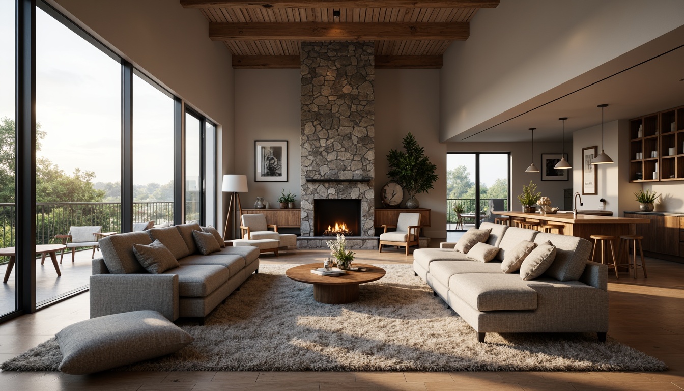 Prompt: Cozy living room, natural stone fireplace, plush sofas, wooden coffee table, floor-to-ceiling windows, minimal ornamentation, open-plan layout, functional kitchen island, sleek cabinetry, marble countertops, soft warm lighting, shallow depth of field, 3/4 composition, panoramic view, realistic textures, ambient occlusion.