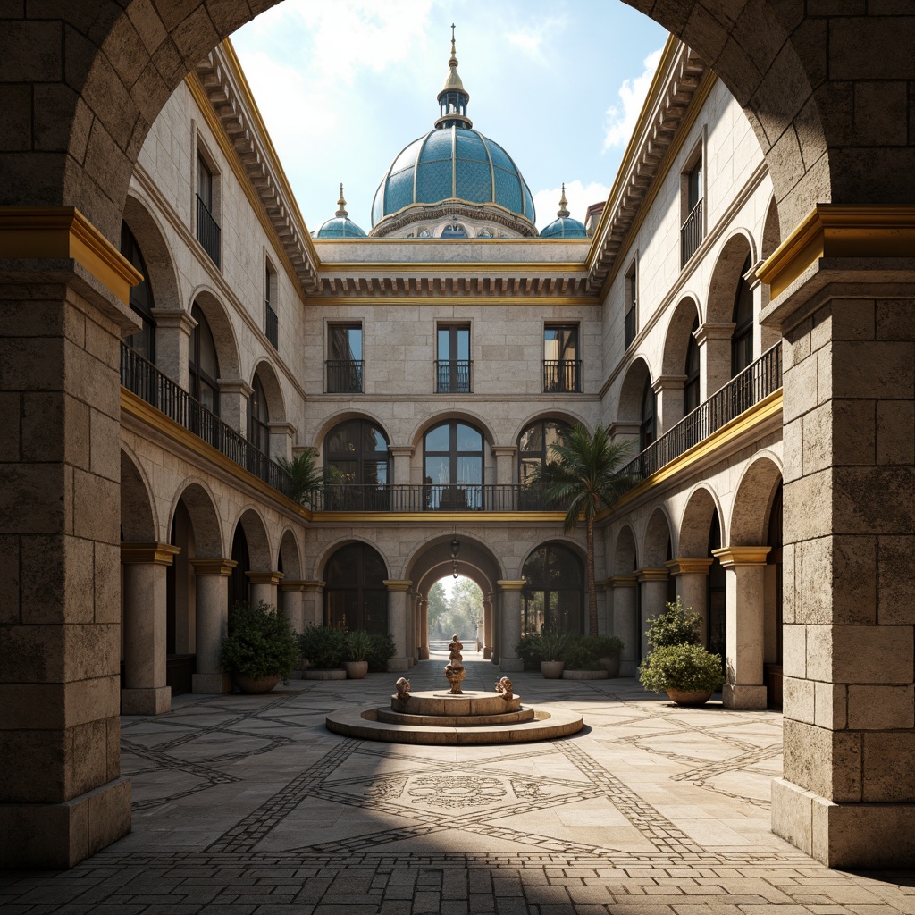 Prompt: Richly textured stone walls, ornate metalwork details, majestic Prussian blue domes, grandiose archways, intricately patterned tiles, opulent gold accents, lavish fountains, symmetrical courtyard layouts, Baroque-inspired ornaments, dramatic shadows, warm golden lighting, 1/1 composition, ultra-high definition textures, atmospheric misting effects.