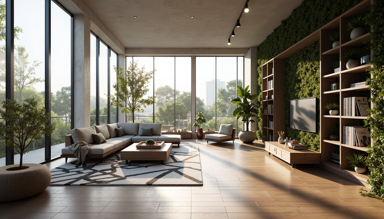 Prompt: Minimalist living room, sleek wooden floors, floor-to-ceiling windows, natural light pouring in, comfortable sectional sofas, geometric-patterned rugs, modern coffee tables, pendant lamps, greenery walls, built-in shelving units, industrial-chic metal accents, neutral color palette, open-plan layout, functional storage solutions, smart home automation systems, cozy reading nooks, task lighting, 1/2 composition, softbox lighting, realistic textures, ambient occlusion.