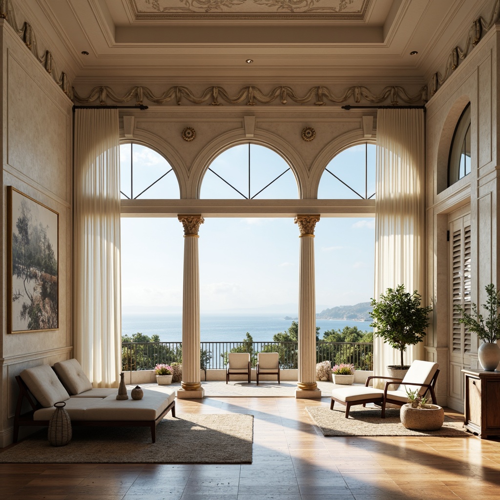 Prompt: Elegant coastal skyscraper, classic Greek columns, ornate cornices, grand arched windows, soft white drapery, billowy curtains, natural linen fabrics, sheer translucent shades, louvered shutters, wooden plantation blinds, rustic distressed finishes, ocean-inspired color palette, calming sea breeze, abundant natural light, warm sunny day, shallow depth of field, 1/1 composition, symmetrical framing, realistic glass reflections, ambient occlusion.