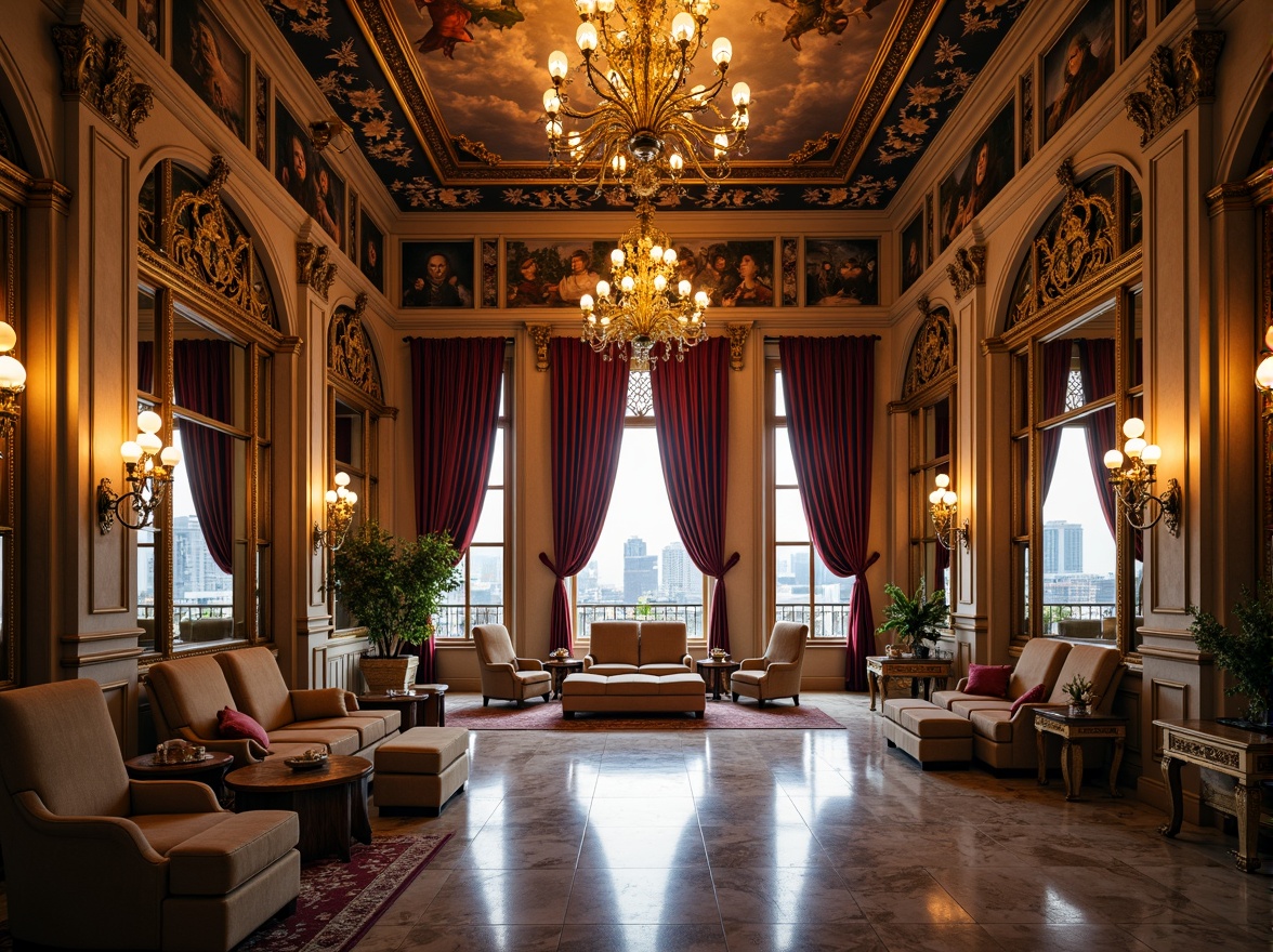 Prompt: Luxurious penthouse, Renaissance-inspired ornateness, intricately carved stonework, gilded accents, grandiose chandeliers, lavish furnishings, rich velvet drapes, ornate mirrors, frescoed ceilings, marble flooring, opulent textures, warm golden lighting, shallow depth of field, 1/1 composition, symmetrical framing, dramatic shadows, realistic reflections, ambient occlusion.