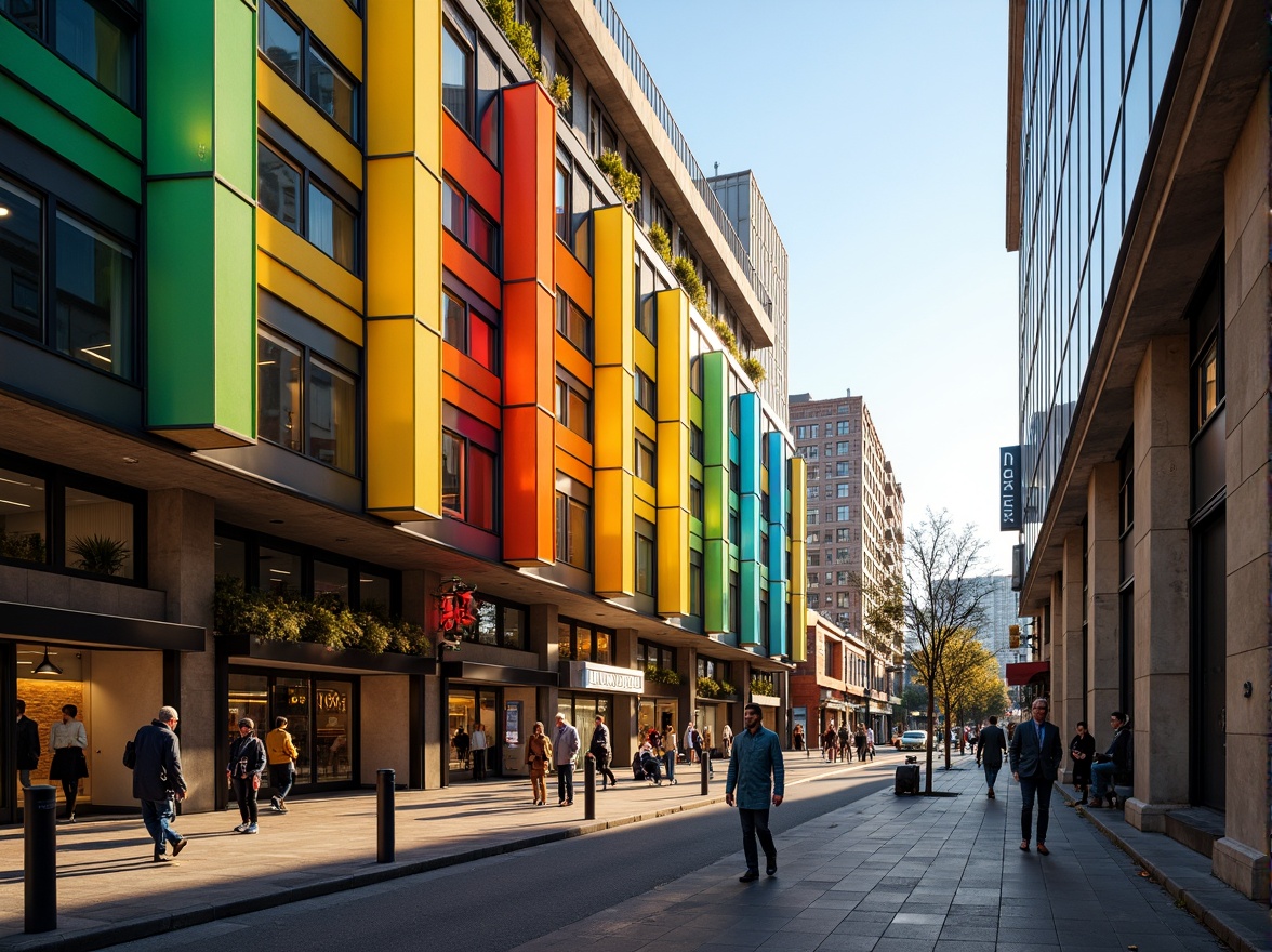 Prompt: Vibrant colored glass fa\u00e7ade, sleek metal framework, transparent windows, reflective surfaces, modern architecture, urban cityscape, bustling streets, morning sunlight, warm golden lighting, shallow depth of field, 1/1 composition, realistic textures, ambient occlusion.