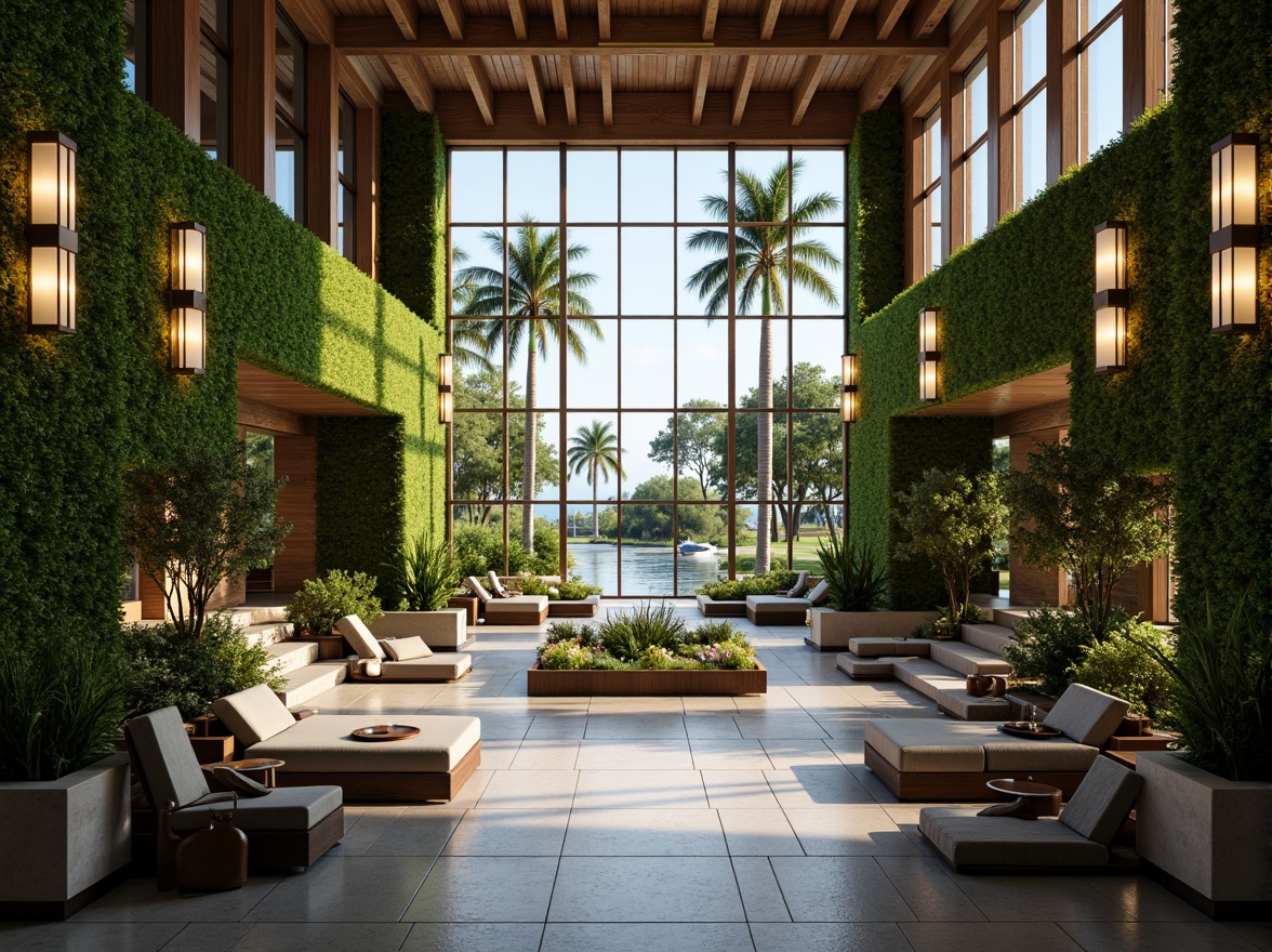 Prompt: Luxurious hotel lobby, grand staircase, elegant chandeliers, lush green walls, natural stone flooring, floor-to-ceiling windows, breathtaking outdoor views, serene water features, vibrant tropical plants, modern minimalist furniture, warm ambient lighting, 1/1 composition, soft focus, atmospheric perspective.