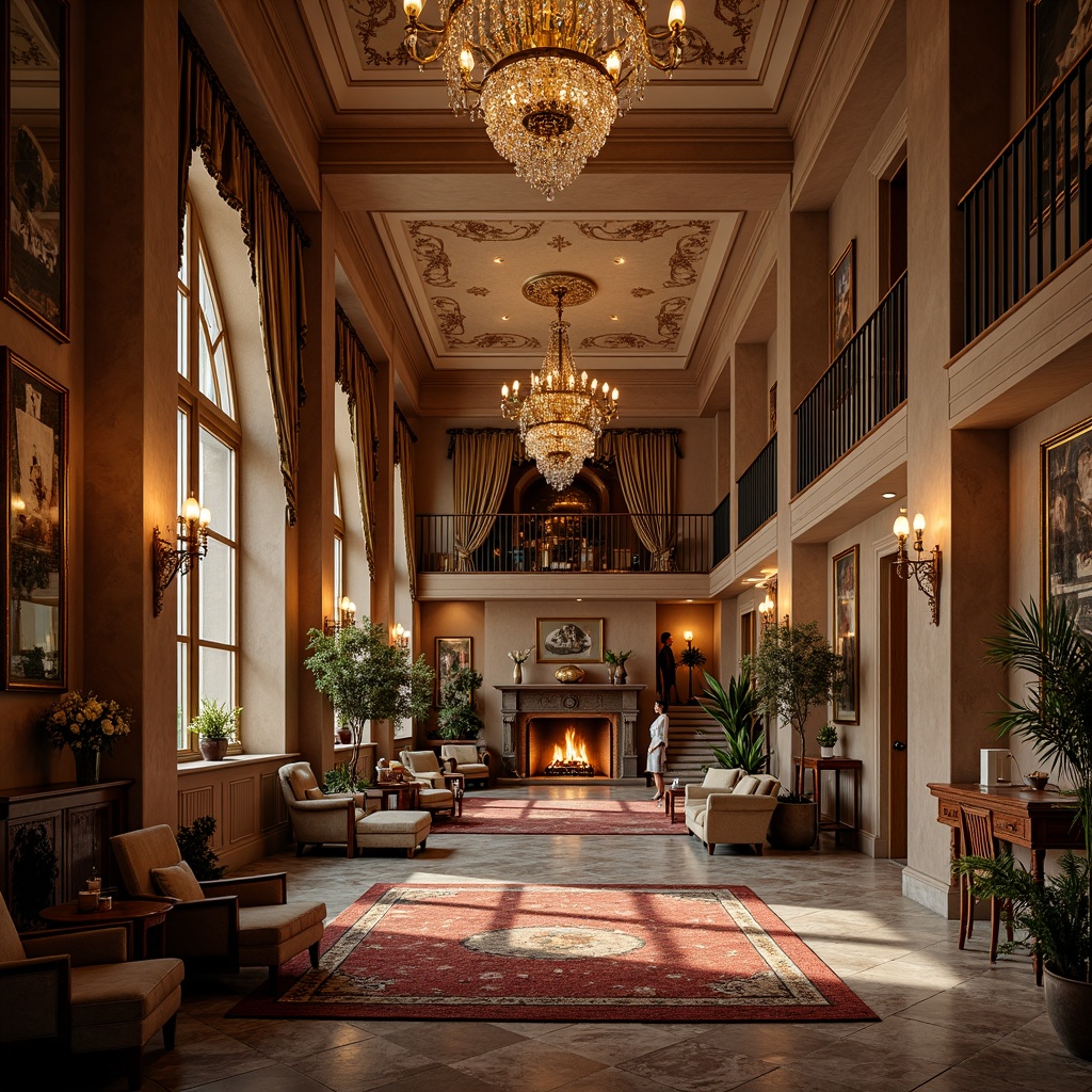 Prompt: Luxurious hotel lobby, rich velvet fabrics, ornate golden fixtures, crystal chandeliers, marble flooring, intricate wood carvings, plush area rugs, soft warm lighting, cozy fireplaces, elegant staircases, lavish drapery, ornamental mirrors, antique furniture pieces, subtle scenting, warm beige walls, French Renaissance-inspired decor, intimate atmosphere, dramatic high ceilings, grandiose architecture, mystical ambiance.