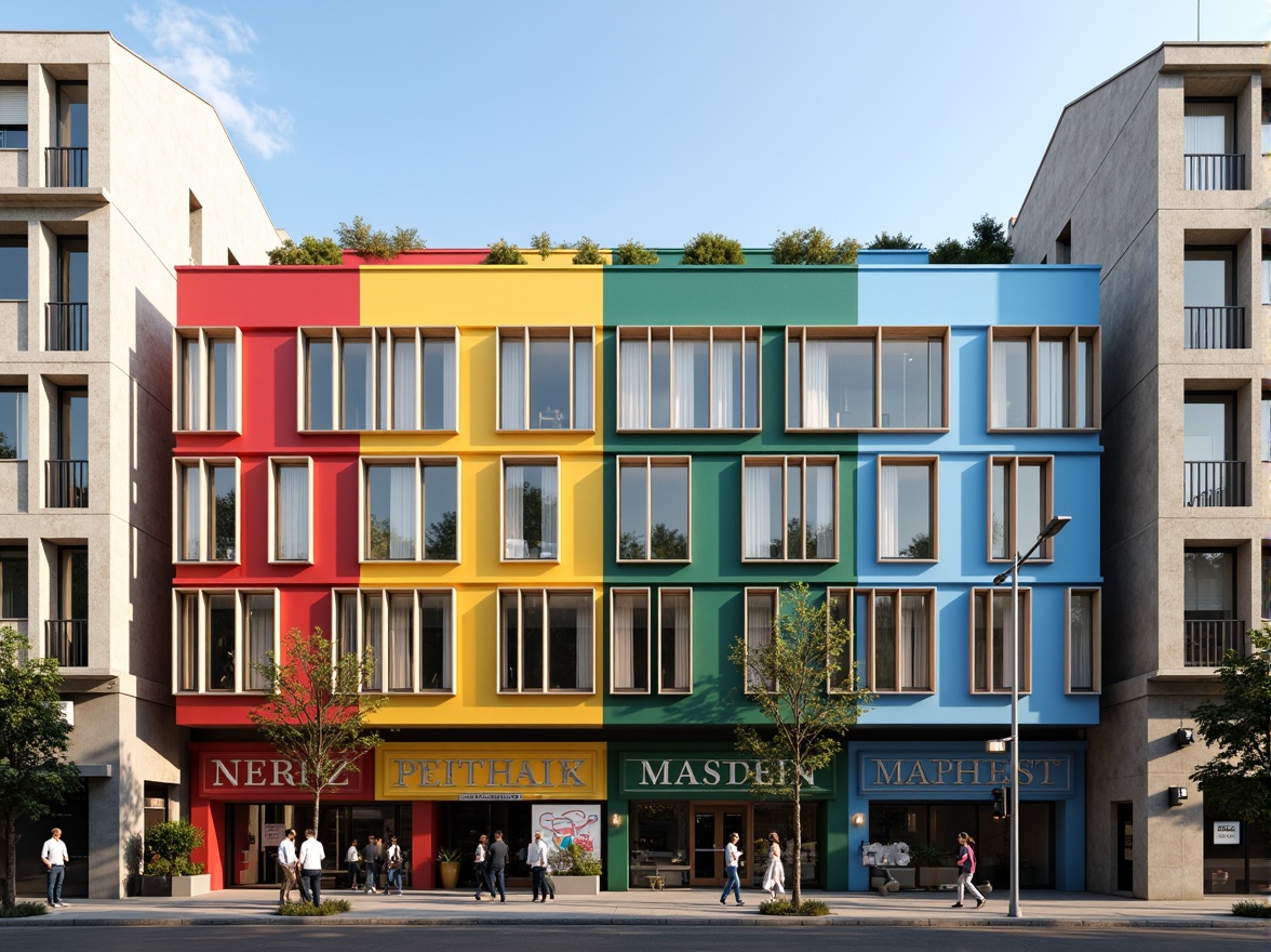 Prompt: Geometric facades, primary color schemes, industrial materials, metallic accents, functional typography, minimalist ornamentation, rectangular windows, flat roofs, urban cityscape, busy streets, pedestrians walking, morning sunlight, soft shadows, 1/1 composition, symmetrical framing, high-contrast lighting, realistic textures, ambient occlusion.