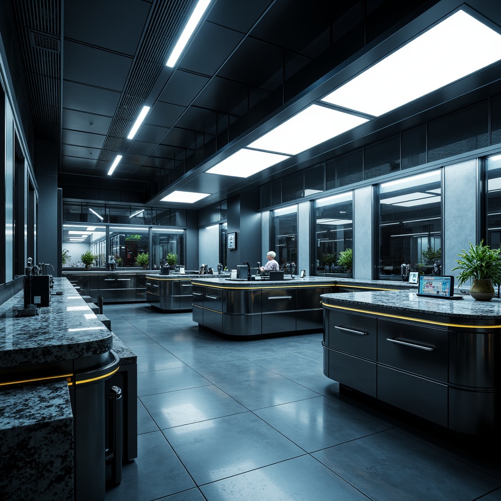 Prompt: Futuristic laboratory, sleek metallic surfaces, granite countertops, high-gloss finishes, neon-lit accents, futuristic equipment, minimalist decor, angular lines, monochromatic color scheme, ambient lighting, shallow depth of field, 1/1 composition, realistic textures, ambient occlusion.