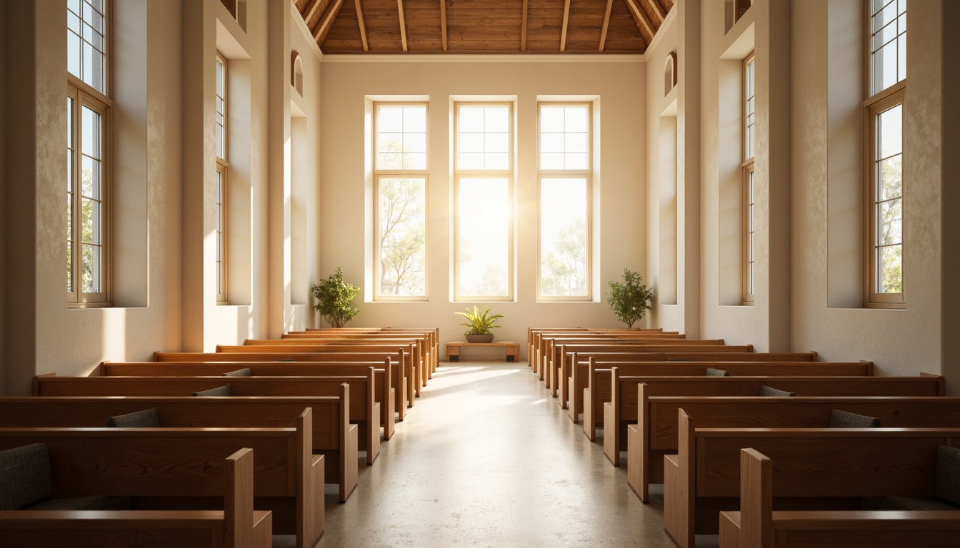 Prompt: Minimalist church interior, soft warm lighting, filtered sunlight, stained glass windows, subtle shadows, simplistic pews, neutral color palette, clean lines, minimal ornamentation, airy atmosphere, high ceilings, clerestory windows, diffused natural light, soft focus, shallow depth of field, 1/1 composition, realistic textures, ambient occlusion.