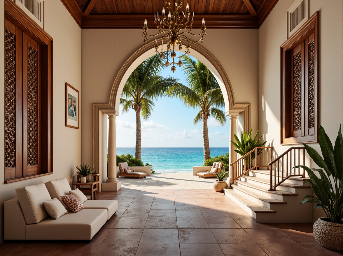 Prompt: Elegant beachside villas, ornate facades, curved lines, geometric patterns, metallic accents, luxurious materials, turquoise ocean views, powdery white sandy beaches, palm trees, tropical foliage, vibrant coral-inspired colors, intricately carved wooden doors, ornamental ironwork, lavish staircases, grand entranceways, majestic columns, opulent chandeliers, warm golden lighting, shallow depth of field, 1/2 composition, symmetrical framing, realistic textures, ambient occlusion.