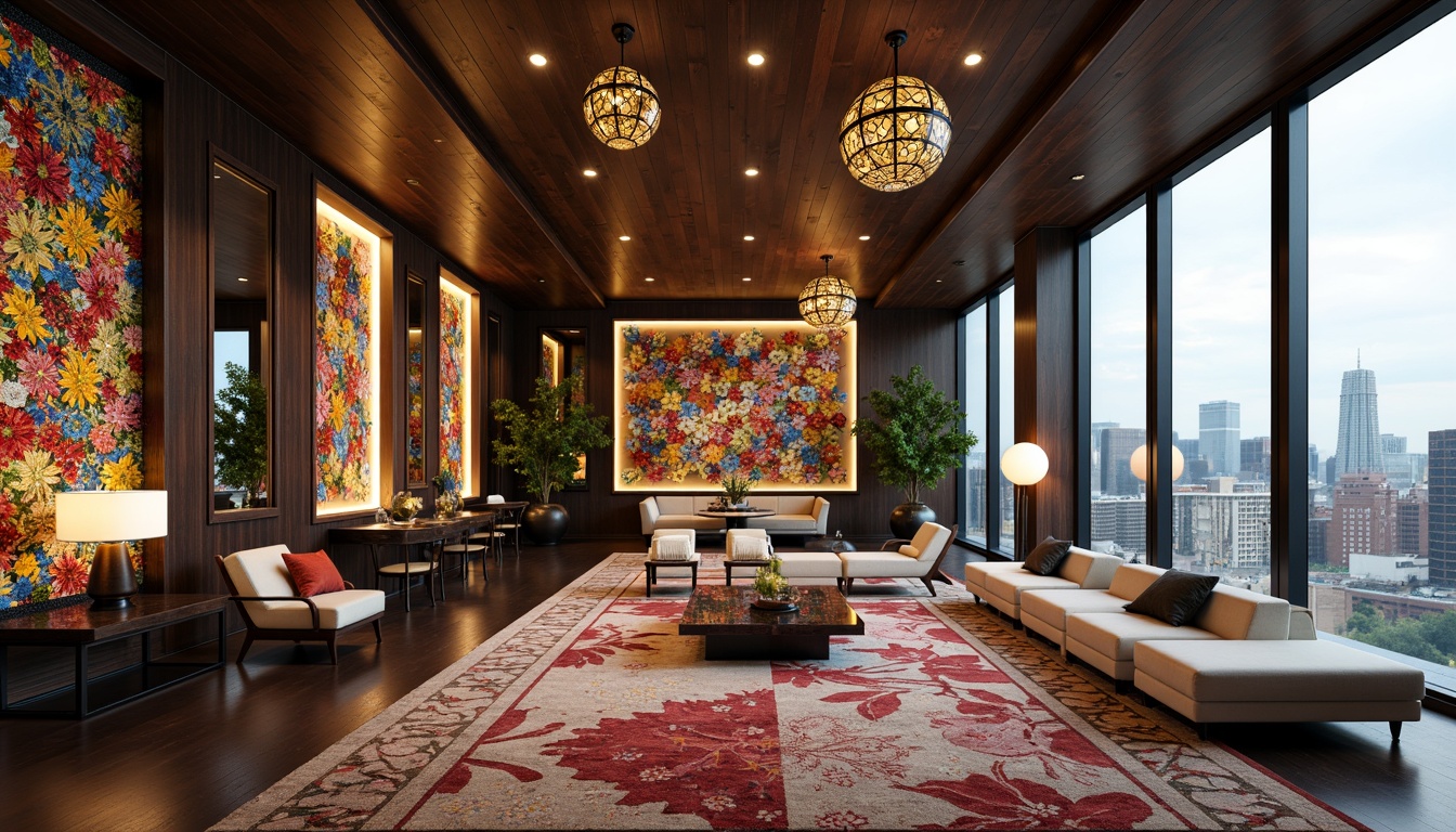 Prompt: Vibrant mosaic artworks, modern apartment interior, sleek glass tables, elegant sofas, ornate mirrors, polished wooden floors, intricate tile patterns, colorful rug designs, luxurious chandeliers, ambient warm lighting, shallow depth of field, 1/1 composition, realistic textures, ambient occlusion, urban cityscape views, floor-to-ceiling windows, minimalist decor, sophisticated color schemes, eclectic furniture pieces.