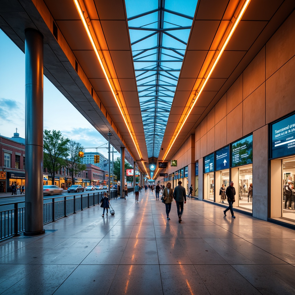 Prompt: Vibrant transportation hub, bustling atmosphere, modern architecture, sleek metallic surfaces, dynamic LED lighting, bold color accents, energizing orange tones, calming blue hues, neutral beige backgrounds, urban cityscape, busy streets, moving vehicles, pedestrian pathways, wayfinding signage, informative displays, natural stone flooring, stainless steel fixtures, futuristic design elements, high-contrast shading, 1/1 composition, sharp focus, realistic reflections.