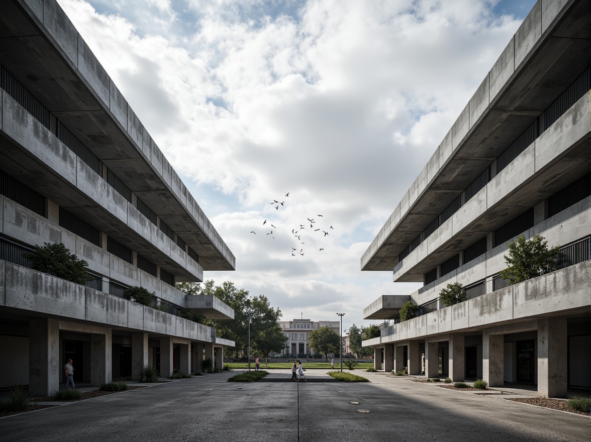 Prompt: Rugged athletic fields, brutalist architecture, concrete grandstands, robust steel beams, angular lines, raw textures, industrial materials, functional design, minimalist aesthetic, vast open spaces, urban landscapes, cloudy skies, dramatic shadows, high-contrast lighting, 1/1 composition, symmetrical framing, realistic renderings, ambient occlusion.