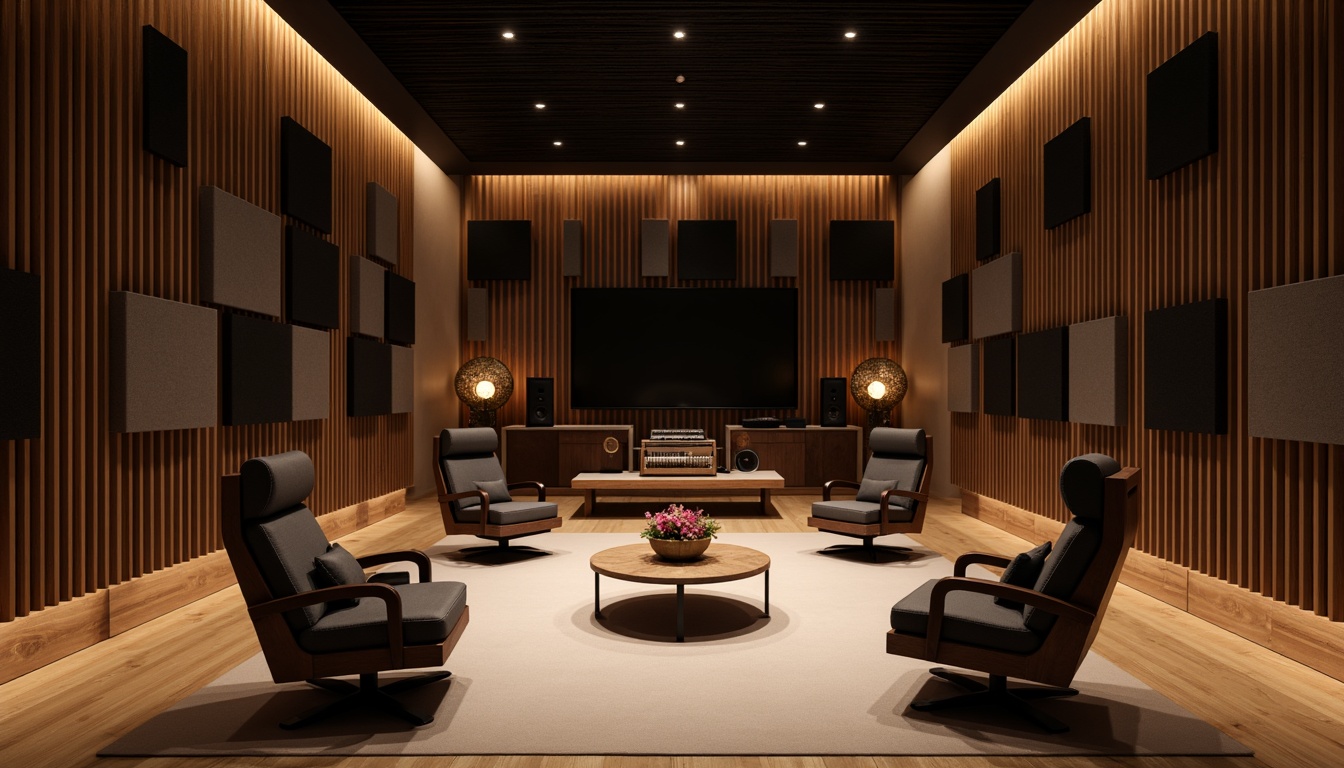 Prompt: Soundproof recording studio, dark wood panels, soft padded chairs, professional audio equipment, microphone stands, sound-absorbing materials, diffusion patterns, bass traps, acoustic foam panels, wooden flooring, minimalist decor, dimmable lighting, precise speaker placement, 1/2 composition, shallow depth of field, warm ambient lighting.