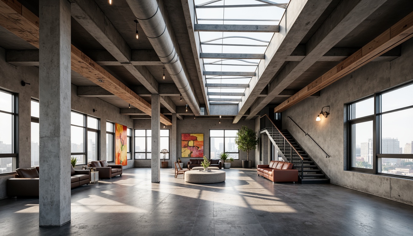 Prompt: Concrete columns, exposed ductwork, industrial chic aesthetic, reclaimed wood accents, steel beams, minimalist decor, urban loft atmosphere, high ceilings, open floor plan, natural light pouring in, clerestory windows, polished concrete floors, metal staircase, modern art installations, cityscape views, dramatic shadows, low-key lighting, 1/1 composition, architectural photography, realistic renderings.