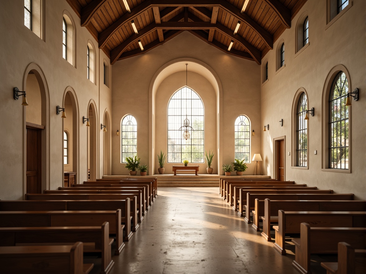 Prompt: Serene church interior, minimalist architecture, soft warm light transmission, stained glass windows, subtle color palette, clean lines, simple shapes, natural stone floors, wooden pews, elegant chandeliers, vaulted ceilings, grand arches, spiritual atmosphere, peaceful ambiance, soft focus, shallow depth of field, 1/2 composition, realistic lighting effects, ambient occlusion.