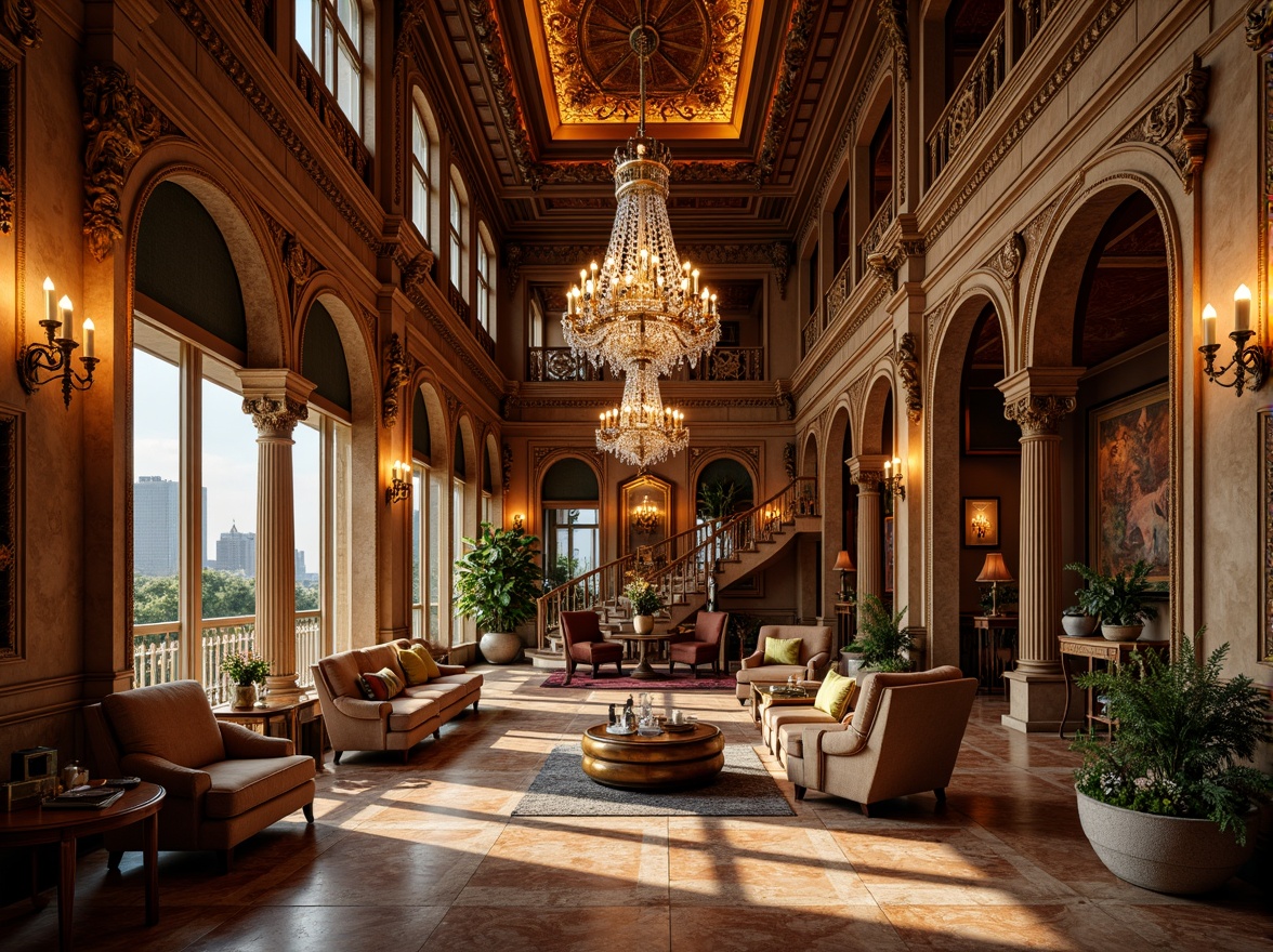 Prompt: Luxurious penthouse, Renaissance Revival style, ornate detailing, grandiose chandeliers, intricate moldings, carved wooden panels, rich velvet fabrics, golden accents, crystal glassware, lavish furnishings, high ceilings, sweeping staircases, majestic columns, marble flooring, opulent textures, warm golden lighting, shallow depth of field, 1/1 composition, cinematic view, realistic reflections, ambient occlusion.