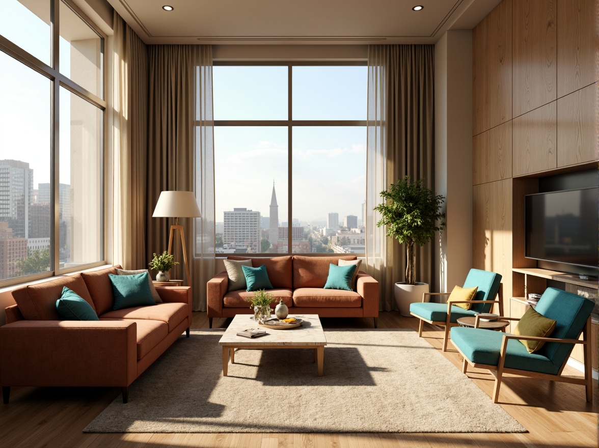 Prompt: Cozy living room, soft warm lighting, calming beige walls, rich wood accents, plush velvet sofas, vibrant turquoise throw pillows, natural stone coffee tables, modern minimalist decor, airy open spaces, large windows, floor-to-ceiling curtains, urban city views, morning sunlight, gentle shadows, 1/1 composition, realistic textures, ambient occlusion.