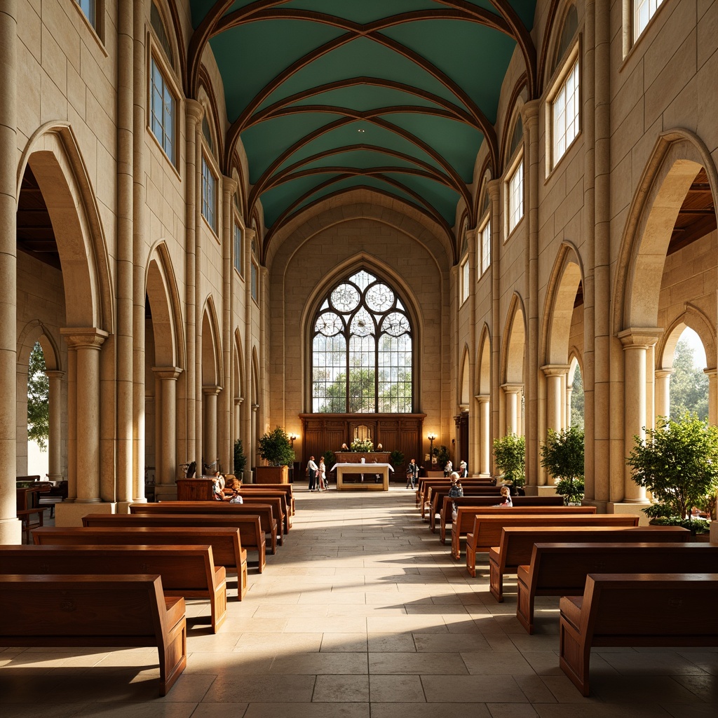 Prompt: Serene worship space, soft golden lighting, warm beige stone walls, rich walnut wood accents, stained glass windows, vibrant turquoise ceilings, comfortable plush pews, elegant ornate altars, intricate Gothic arches, peaceful atmosphere, natural earthy tones, subtle texture variations, 1/1 composition, shallow depth of field, realistic material reflections, ambient occlusion.