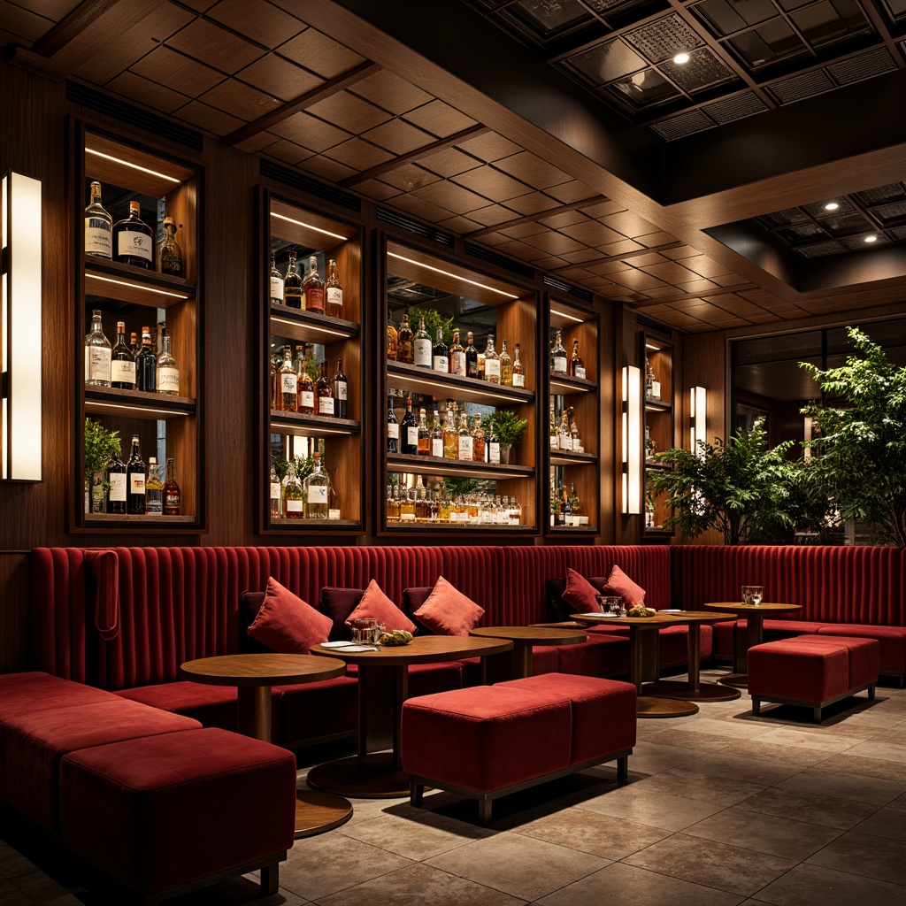 Prompt: Sleek bar interior, polished chrome accents, rich wood tones, luxurious velvet fabrics, geometric patterns, minimalist decor, industrial-chic lighting fixtures, exposed brick walls, metallic ceiling tiles, bold color blocking, dramatic shadows, low-key warm lighting, cinematic atmosphere, 1/2 composition, high-contrast imagery, detailed textures, subtle ambient occlusion.