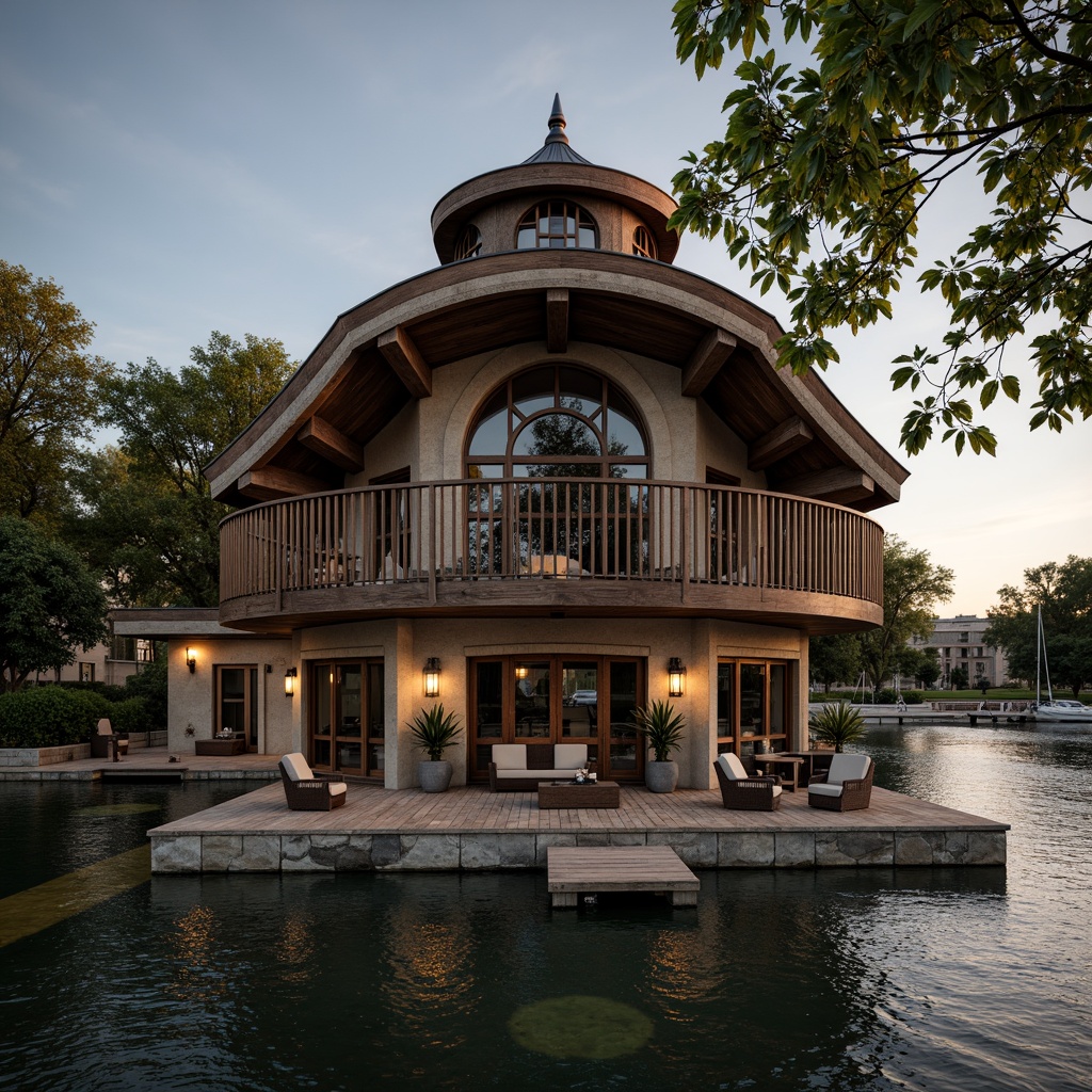 Prompt: Rustic boathouse, Romanesque arches, weathered wooden accents, stone walls, curved roofs, ornate metalwork, distressed finishes, nautical ornaments, lantern-style lighting, wooden docks, rippling water reflections, serene lakeside atmosphere, warm golden hour lighting, shallow depth of field, 1/1 composition, realistic textures, ambient occlusion.