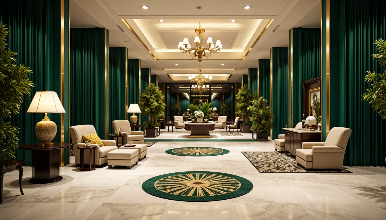 Prompt: Luxurious hospital interior, rich jewel tones, emerald green accents, golden metallic details, creamy white marble floors, ornate bronze fixtures, geometric patterned rugs, lavish velvet drapes, sophisticated chrome hardware, sleek black glass surfaces, dramatic chandeliers, warm soft lighting, shallow depth of field, 1/1 composition, realistic textures, ambient occlusion.