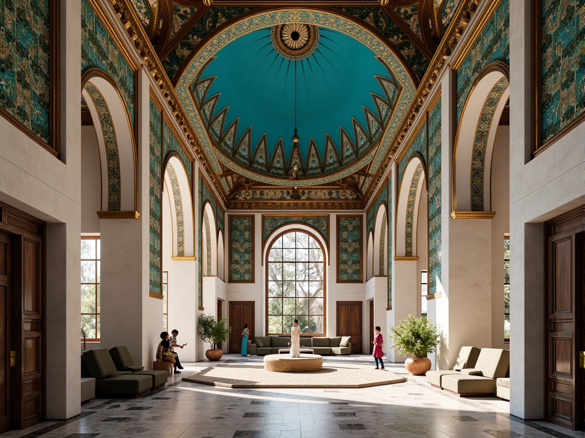 Prompt: Majestic Prussian blue domes, intricately patterned Islamic-inspired architecture, vibrant turquoise accents, golden ornate details, luxurious marble floors, grand high ceilings, ornamental archways, lavish furnishings, intricate geometric motifs, warm natural light, soft shadows, 1/1 composition, realistic textures, ambient occlusion.