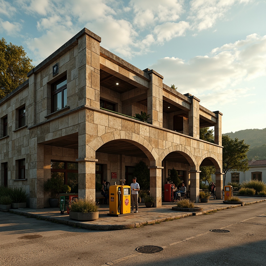 Prompt: Rustic gas station, Romanesque architecture, stone cladding, weathered exterior walls, ornate details, arched windows, heavy stone columns, distressed finishes, earthy tones, natural textures, rural landscape, rolling hills, scenic roads, vintage petrol pumps, nostalgic signage, warm golden lighting, dramatic shadows, 1/1 composition, symmetrical framing, realistic materials, ambient occlusion.