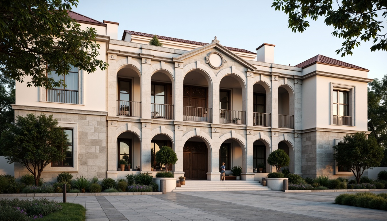 Prompt: Elegant science center facade, neoclassical architecture, grand entrance arches, columned porticos, intricately carved stonework, rusticated bases, symmetrical composition, harmonious proportions, neutral color palette, subtle textures, ornate metalwork, decorative railings, imposing stone walls, large windows with divided lites, copper roofing, lush greenery, mature trees, serene courtyard, natural stone walkways, soft warm lighting, shallow depth of field, 3/4 composition, realistic materials, ambient occlusion.