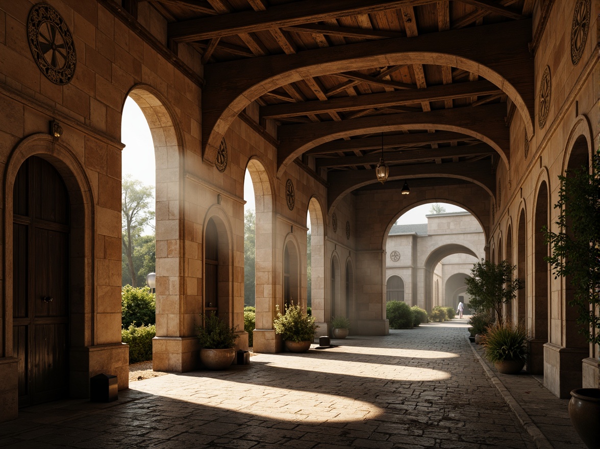 Prompt: Rustic stone walls, arched windows, ornate carvings, industrial metal accents, distressed wood beams, exposed brickwork, grand vaulted ceilings, intricate stonework, heavy iron doors, decorative gargoyles, Gothic-inspired arches, worn cobblestone streets, foggy misty atmosphere, warm golden lighting, high contrast shadows, 1/1 composition, dramatic low-angle shot, realistic weathering effects, ambient occlusion.