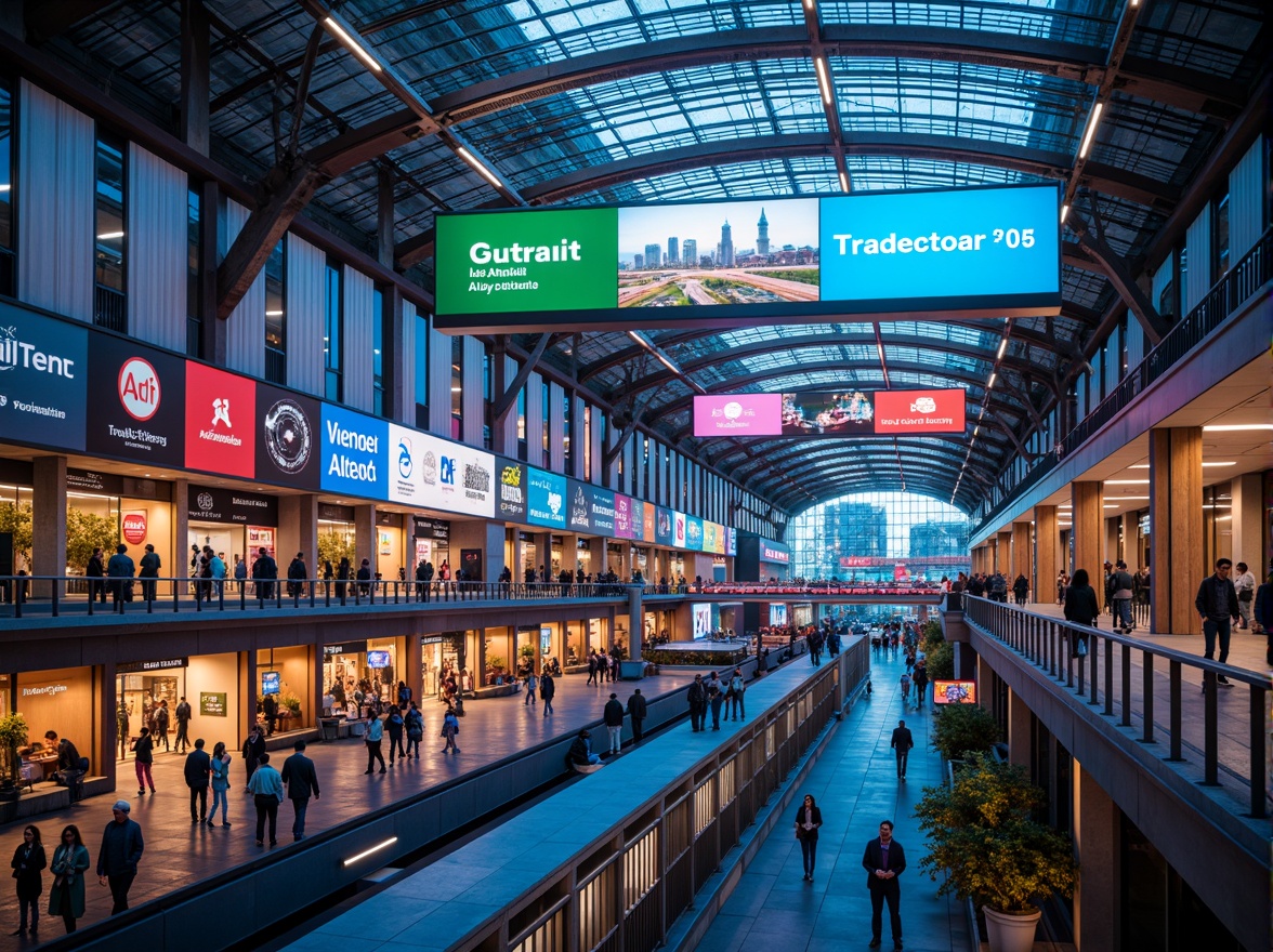 Prompt: Vibrant transportation hub, futuristic architecture, sleek metal structures, neon lights, dynamic LED displays, bold color schemes, energetic atmosphere, bustling crowd, urban landscape, cityscape views, modern infrastructure, efficient traffic flow, pedestrian-friendly design, eco-friendly materials, innovative signage systems, bright wayfinding elements, 3/4 composition, shallow depth of field, soft warm lighting, realistic textures, ambient occlusion.