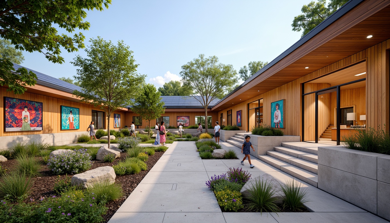 Prompt: Eco-friendly community center, natural materials, reclaimed wood accents, green roofs, solar panels, rainwater harvesting systems, energy-efficient lighting, vibrant colorful murals, cultural patterned textiles, open floor plans, communal gathering spaces, educational signage, interactive exhibits, accessibility ramps, wheelchair-accessible entrances, serene outdoor courtyards, native plant species, warm natural lighting, shallow depth of field, 2/3 composition, realistic textures, ambient occlusion.