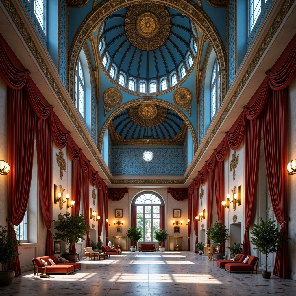 Prompt: Majestic Prussian blue domes, intricate Islamic patterns, golden accents, ornate details, luxurious velvet drapes, regal throne-like furniture, opulent chandeliers, lavish marble floors, grandiose staircases, majestic archways, symmetrical composition, warm soft lighting, shallow depth of field, 1/1 aspect ratio, realistic textures, ambient occlusion.