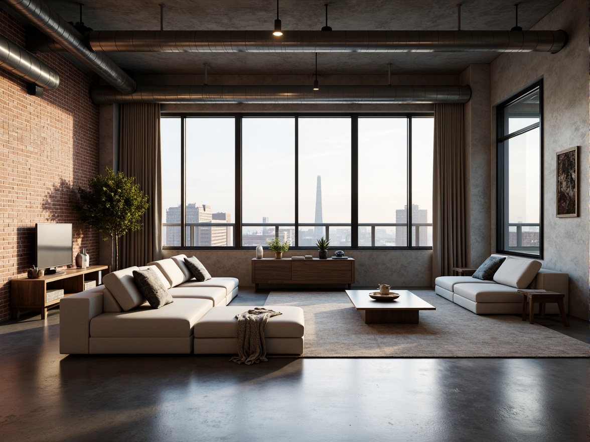 Prompt: Minimalist loft apartment, industrial chic aesthetic, exposed brick walls, polished concrete floors, sleek metal beams, floor-to-ceiling windows, natural light pouring in, urban skyline views, modern minimalist furniture, low-profile sofas, geometric coffee tables, metallic accents, monochromatic color scheme, soft warm lighting, atmospheric shadows, shallow depth of field, 1/1 composition, realistic textures, ambient occlusion.